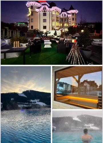 un groupe de quatre images de bâtiments et d'eau dans l'établissement Mountain Krystal, à Bukovel