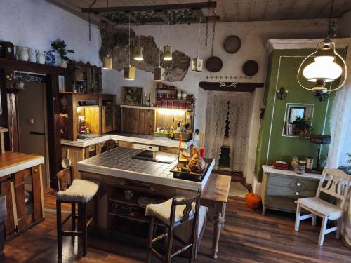 a kitchen with a table and chairs in a room at Kirikumõisa in Lyuganuse