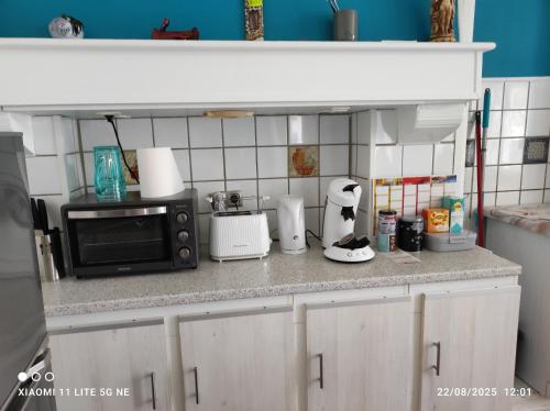 a kitchen counter with a microwave and appliances on it at Maison de vacances individuelle toute équipée in Dampierre-sous-Bouhy