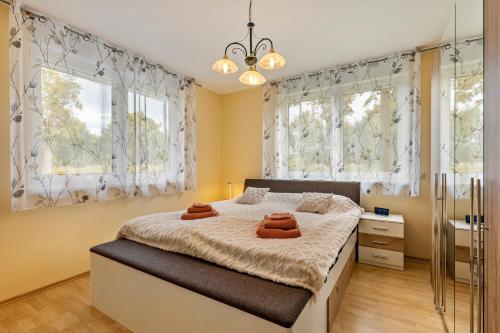 a bedroom with a bed and two windows at 2 Zimmer Ferienwohnung 69 Qm in Mittenwalde