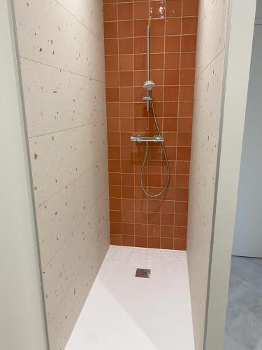 a bathroom with a shower with orange tile at Chez Elsa et Camille in Aigues-Mortes