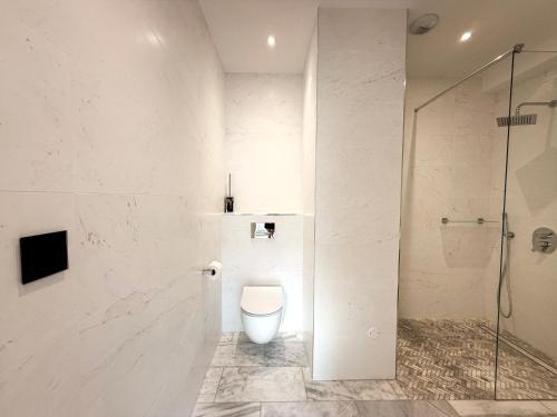 a bathroom with a toilet and a glass shower at Les Trois Cyprès in Blois