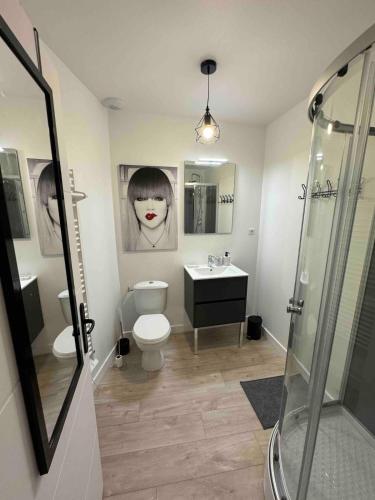 a bathroom with a toilet and a sink at Maison Lyloni Méral in Méral