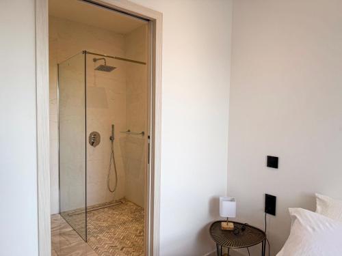 a shower in a bedroom with a glass door at Les Trois Cyprès in Blois