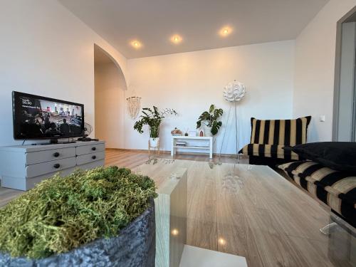 a living room with a couch and a tv at Klaipėda Old Town Stay in Klaipėda