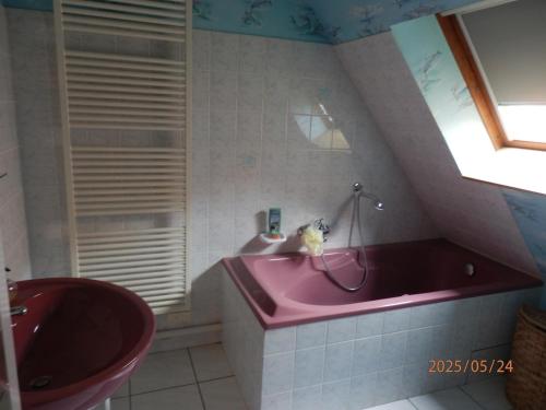a bathroom with a pink tub and a sink at La maison des cigognes Eguisheim in Eguisheim