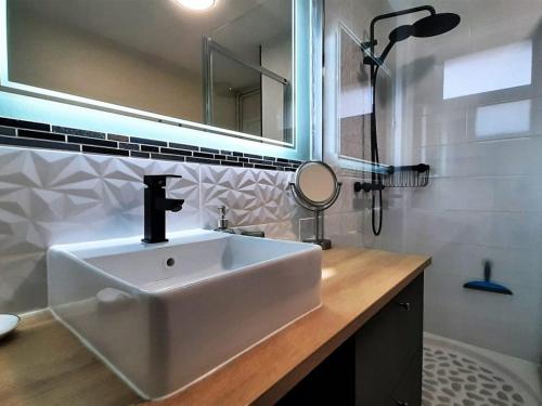 un bagno con lavandino, specchio e doccia di Gîte "Le temps d'une pause" terrasse et piscine a Coubon