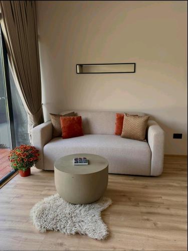 a living room with a couch and a coffee table at LuxEcoCottage - Modern cottage with with a large parking lot and land in Podgorica