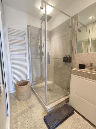 a shower with a glass door in a bathroom at Pommard Clos in Pommard