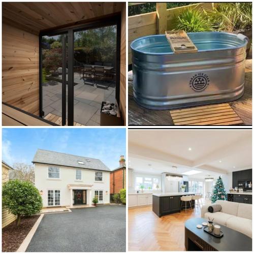 a collage of pictures of a house with a hot tub at Health & Wellness House Hot Tub, Sauna & Ice Bath in Netley
