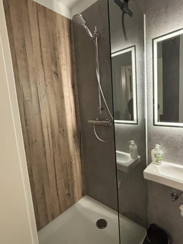 a shower with a glass door in a bathroom at Wacholderweg, Ferienhaus in Schneverdingen