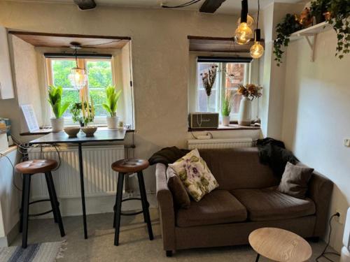 a living room with a couch and a kitchen with two windows at Mysig innerstads lägenhet in Visby
