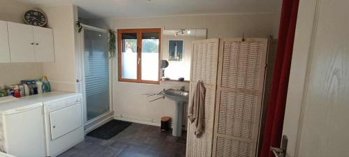 un piccolo bagno con doccia e lavandino di La Maison Bleue a Brouvelieures
