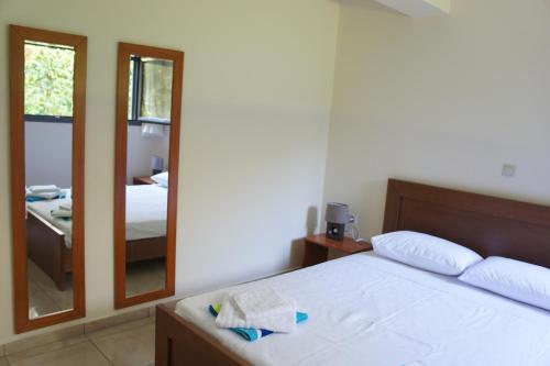 a bedroom with a bed and a mirror at Ixia Beach in Ialyssos