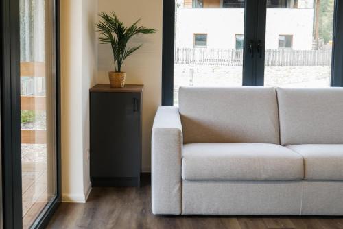 a living room with a couch and a potted plant at Camping Essenza Alpina in Folgaria