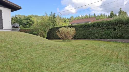 a yard with a grassy hill next to a house at Maison RoMa, se ressourcer proche de Gerardmer et La Bresse in Vagney