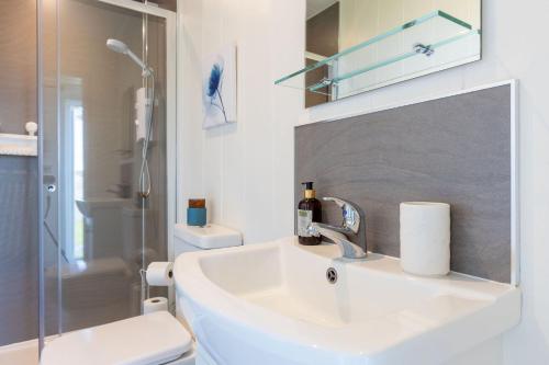 a bathroom with a sink and a toilet and a shower at South Black Hill in Penicuik