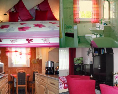 three pictures of a bedroom with a bed and a bathroom at Ferienwohnung Anna in Greiz