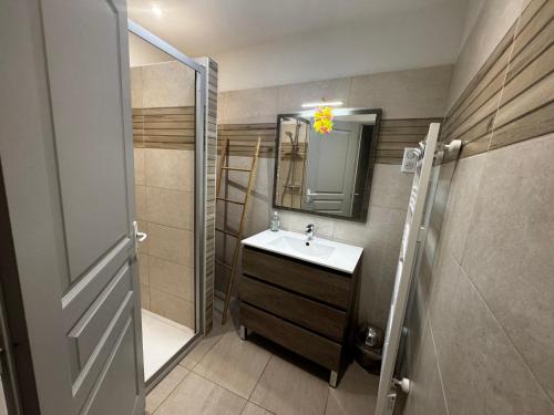 a bathroom with a sink and a mirror at La maison Cécile 15/17 pers in Étais-la-Sauvin
