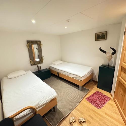 a room with two beds and a mirror at Vittsjö charmiga hus in Vittsjö