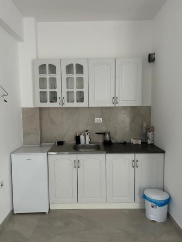 a kitchen with white cabinets and a sink at Mirror Apartments in Petrovec