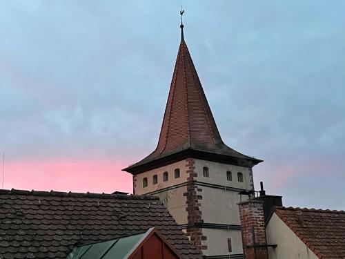 a tall tower with a steeple on top of roofs at Ferienwohnungen St Marien in Gengenbach