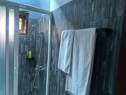 a bathroom with a shower with two towels and a glass shower stall at Lanka Villa Beruwala in Beruwala