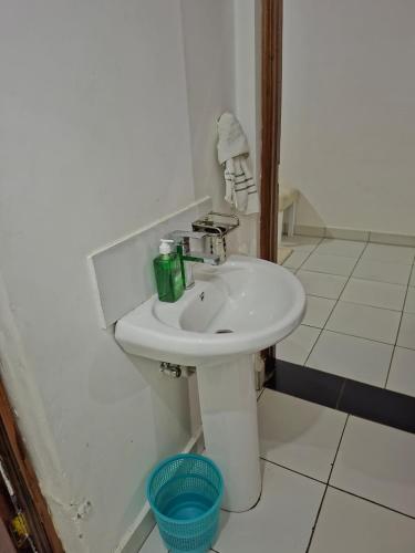 a bathroom with a white sink and a blue basket at Saffron Homes A6 in Eldoret