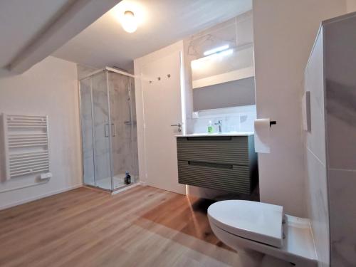 a bathroom with a toilet and a shower at Grand duplex ensoleillé pour 7 Résidence Violaine in Le Monêtier-les-Bains