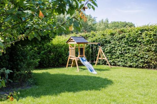 a playground with a slide in the grass at Bosvilla Lariks met sauna en hottub | 6 personen - Vakantiepark De Kremmer in Gasselte