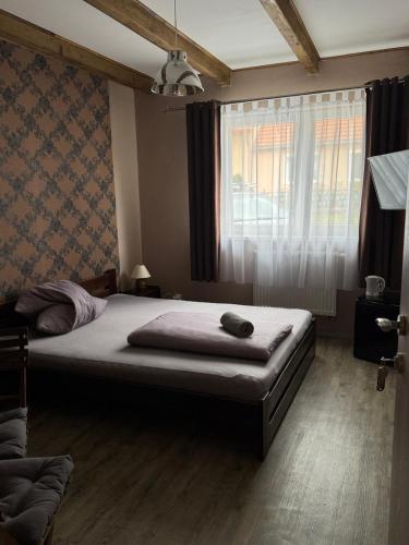 a bedroom with a bed and a window at Penzion Levandule a Palava in Starovičky