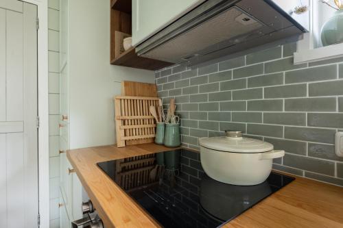 a small kitchen with a counter and a sink at Boshuisje Luna | 4 personen - Vakantiepark De Kremmer in Gasselte