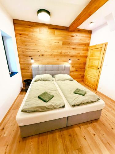 Ένα ή περισσότερα κρεβάτια σε δωμάτιο στο Moderní apartmán Bedřichov - Jizerské hory