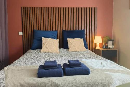 a large bed with blue pillows on top of it at Nid confort proche du canal du midi 2 terrasses Labège in Labège