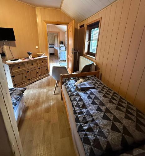 a small room with a bed and a kitchen at Penzion Pod Lípou in Dolní Brusnice