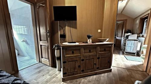 a bathroom with a television on top of a wooden cabinet at Penzion Pod Lípou in Dolní Brusnice