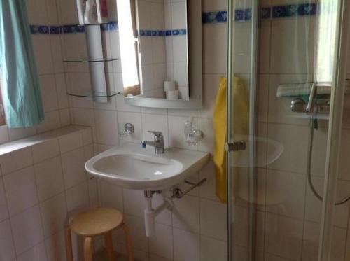 a bathroom with a sink and a glass shower at Datscha in Lenk