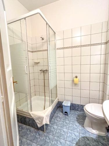 a bathroom with a shower and a toilet at Corvin Hotel in Győr