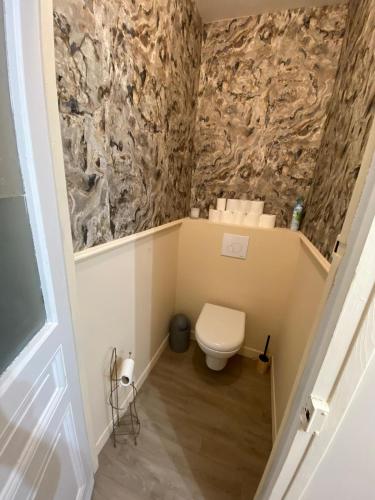 a small bathroom with a toilet and a stone wall at Grandes Molaises in Les Hogues