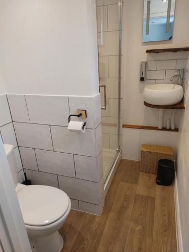 ein Badezimmer mit Toilette und Waschbecken in der Unterkunft The Garden Room at Poplar Cottage in Wick Saint Lawrence