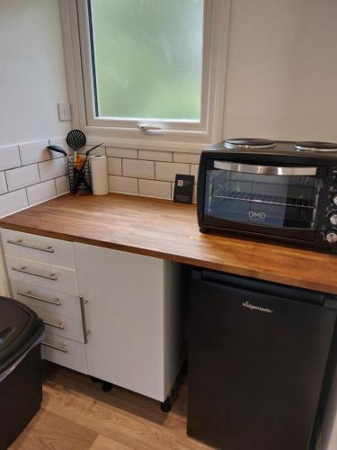 eine Mikrowelle auf einer Theke in einer Küche in der Unterkunft The Garden Room at Poplar Cottage in Wick Saint Lawrence