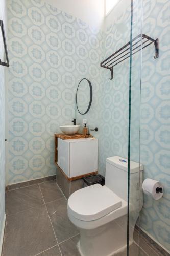 a bathroom with a toilet and a sink and a mirror at Fragata Island House in Isla Grande