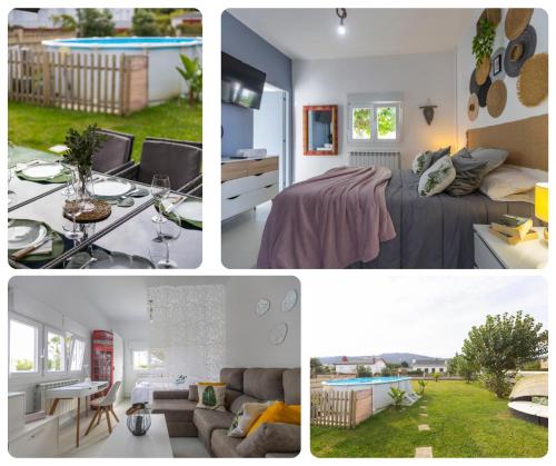 a collage of photos of a living room at Villa Las Catedrales - Piscina Privada - Frente a la playa - Amplio jardín in Barreiros