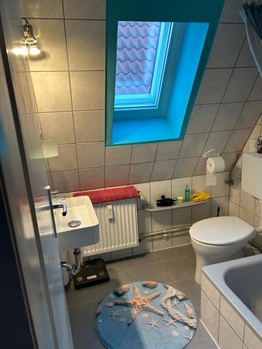a bathroom with a toilet and a starfish rug at Historisches Loft von 1623 in Celle