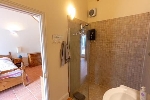 a bathroom with a shower and a toilet at Nature's Lodge in Wolverley