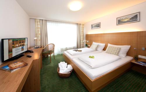 a hotel room with a large bed and a television at Hotel Der Waldhof in Zell am See