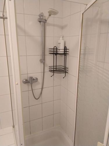 a bathroom with a shower with a glass door at Appartement in Freudenburg