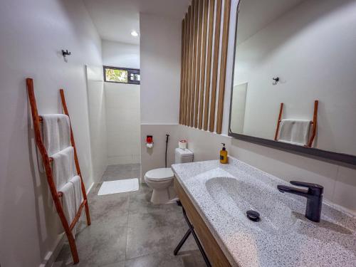 a bathroom with a sink and a toilet and a mirror at The Bali Resort Zanzibar in Pingwe