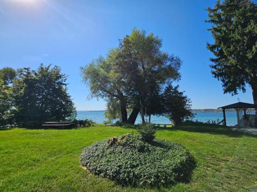 a park with a tree and a gazebo and the water at Latitude Adjustment in Traverse City
