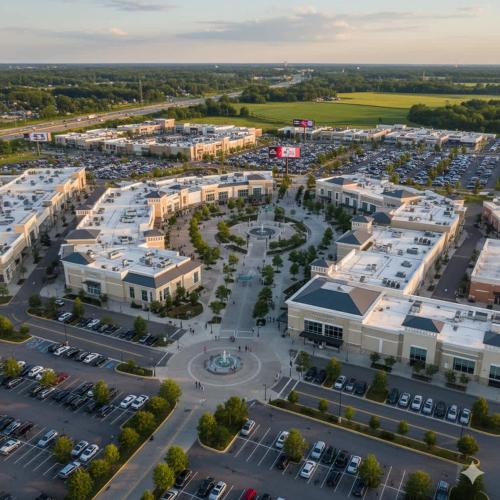 an aerial view of a parking lot with buildings at Mason Marvel Luxe Stay with Pool and Hot Tub in Mason